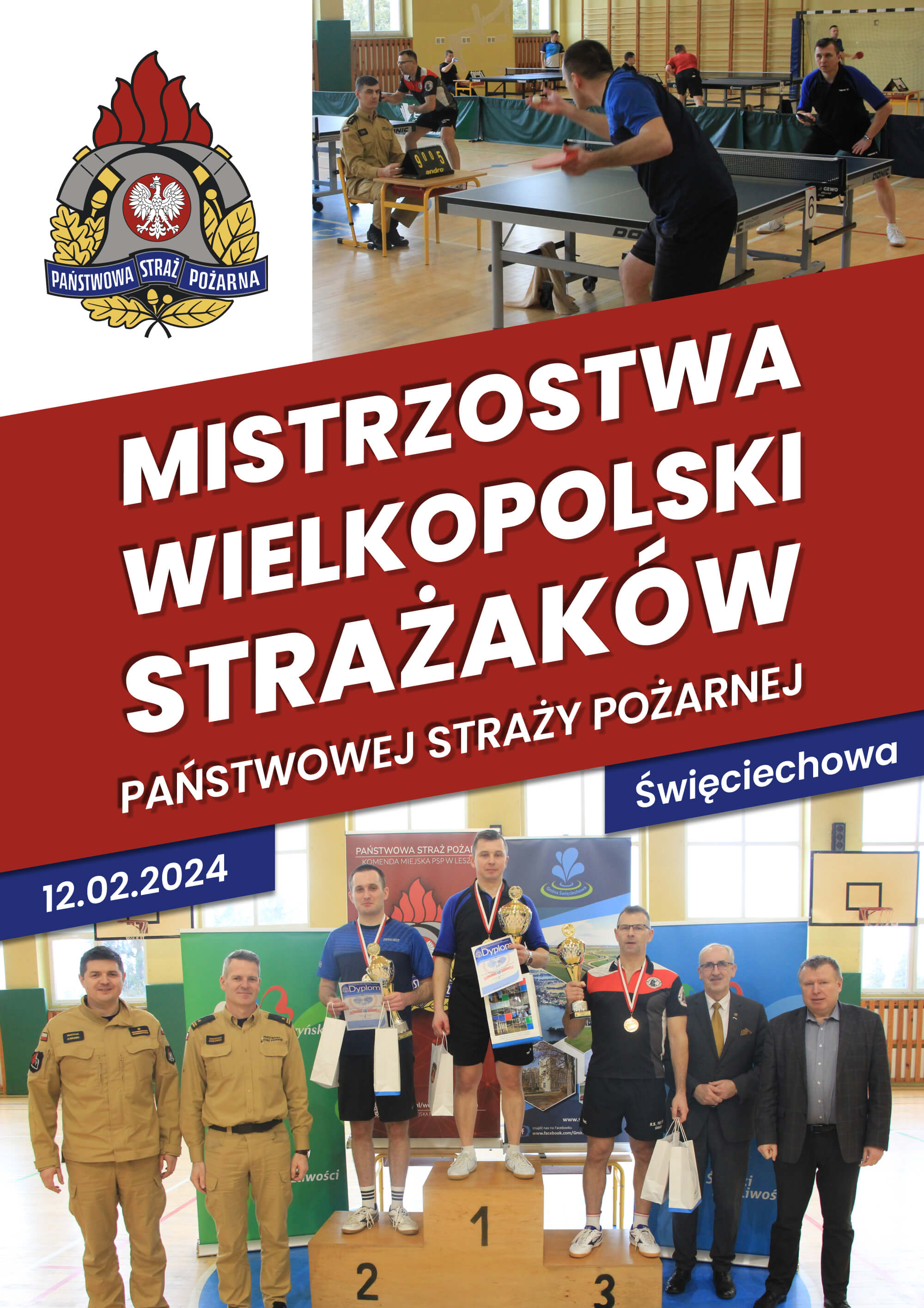 Plakat turnieju Mistrzostwa Wielkopolski Strażaków Państwowej Straży Pożarnej w Tenisie Stołowych