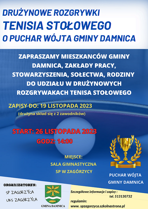 Plakat turnieju Drużynowe Mistrzostwa Gminy Damnica w tenisie stołowym.